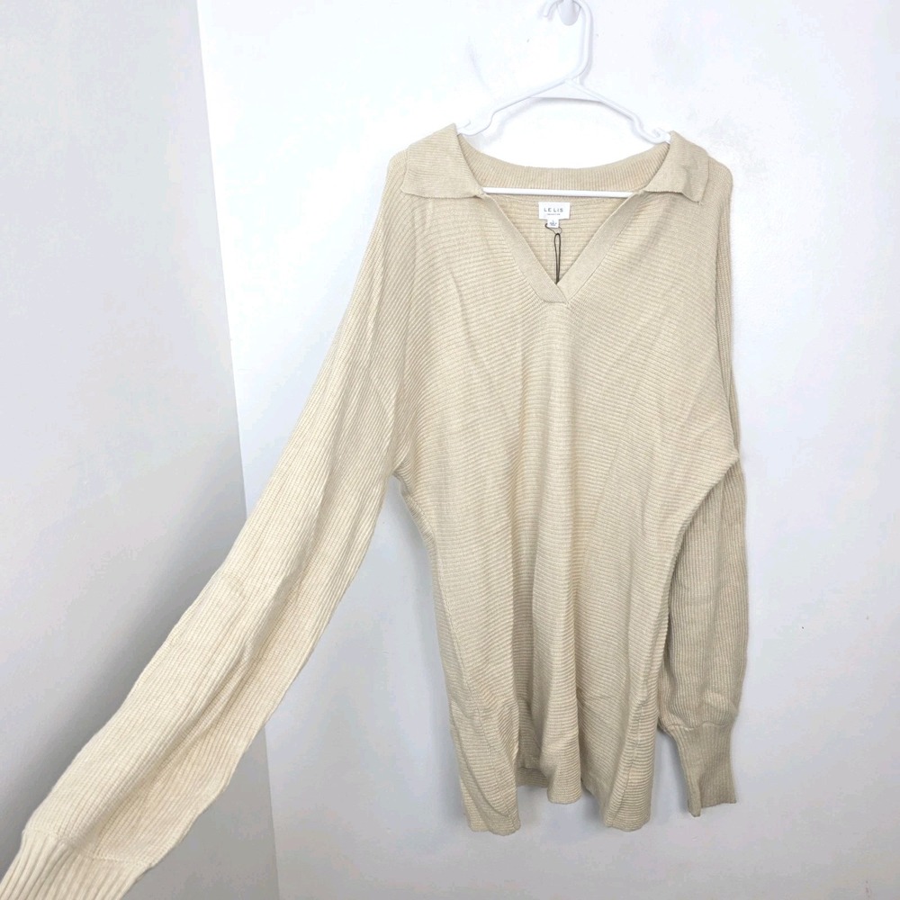 Le Lis Tan Collared Soft Knit Long Sleeve Minimalist Sweater Mini Dress Size L